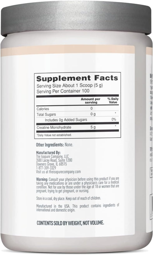 Isopure Unflavored Creatine Monohydrate Powder, Zero Added Ingredients, 5g Creatine per Scoop, 100 Servings