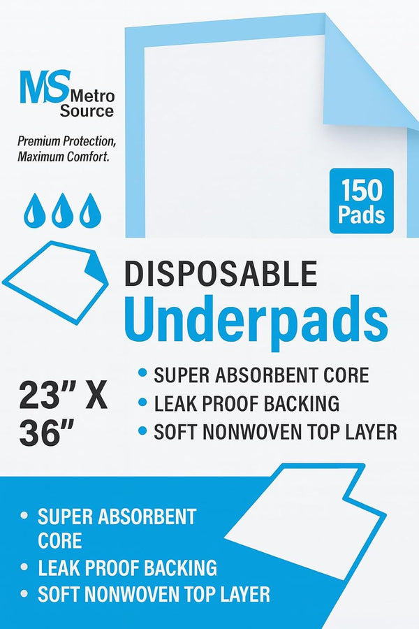 Metro Source Disposable Underpads, 23x36 inches, 150 Count, Highly Absorbent with Waterproof Backing, for