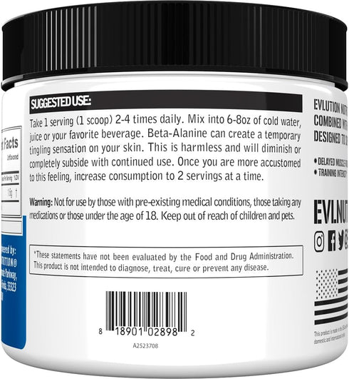 Evlution Nutrition Beta-Alanine, Supports Muscle Endurance, Intense Training, 1.6g Pure Beta-Alanine Per Serving