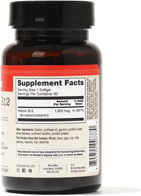 NatureWise Vitamin B12 1000 mcg - 60 Softgels for Energy Levels, Mental Clarity, Nervous System Health, Gluten-Free,