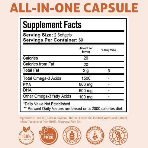 Omega 3 Fish Oil 2000mg – Lemon-Flavored Softgels with EPA 800mg & DHA 600mg for Brain, Heart, Wellness Support