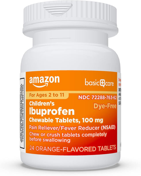 Amazon Basic Care Children’s Ibuprofen Chewable Tablets, 100 mg, Orange Flavor, Pain Reliever, 24 Count