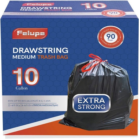 10 Gallon Drawstring Trash Bag, 0.9 Mil, 90 Count (Black, 10 Gallon)