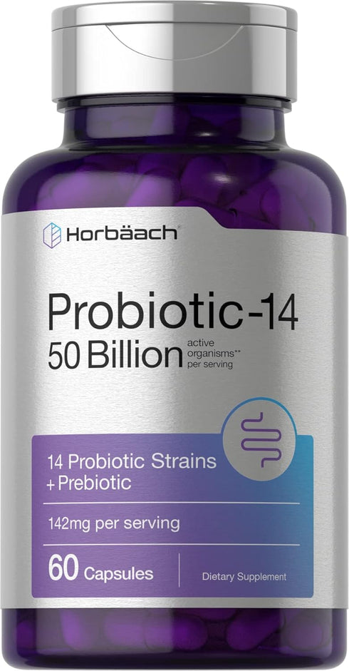 Horbaach Probiotics with Prebiotics, 60 Capsules | 50 Billion Active Organisms | Non-GMO & Gluten Free Supplement