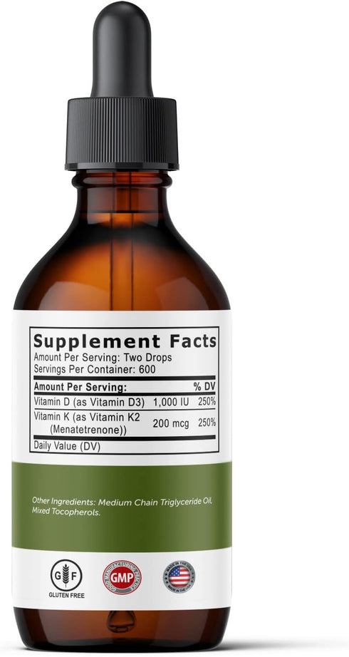 Vitamin D and K2 Drops, Liquid Vitamin D3 with K2 Supplements for Adults, Flavor-Free, 30 ml