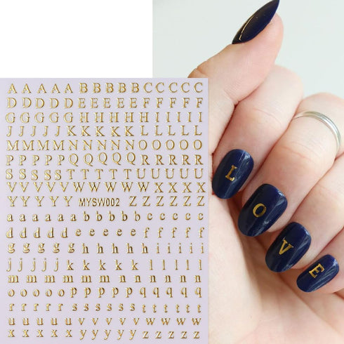 Letters Nail Art Stickers, English Alphabet 3D Self-Adhesive Metallic Gold Silver Decals for DIY Manicure Supplies