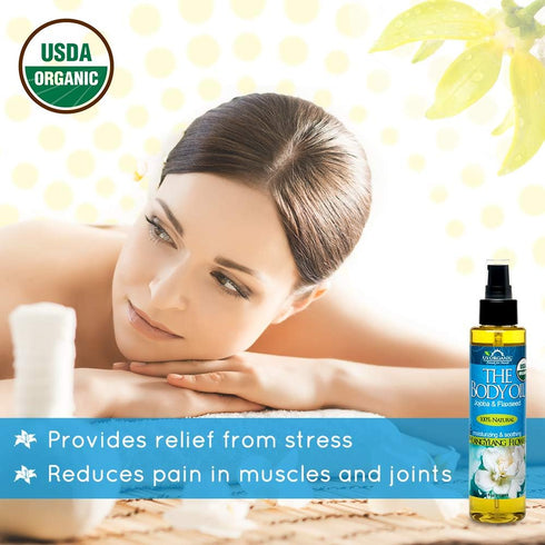 US Organic Body Oil - Rich Floral Ylang Ylang Jojoba and Flaxseed Oil with Vitamin E, USDA Organic, 5 Fl. oz.