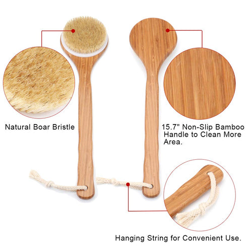 Shower Brush with Natural Bristle, Long Bamboo Handle Bath Body Brush for Wet or Dry Brushing