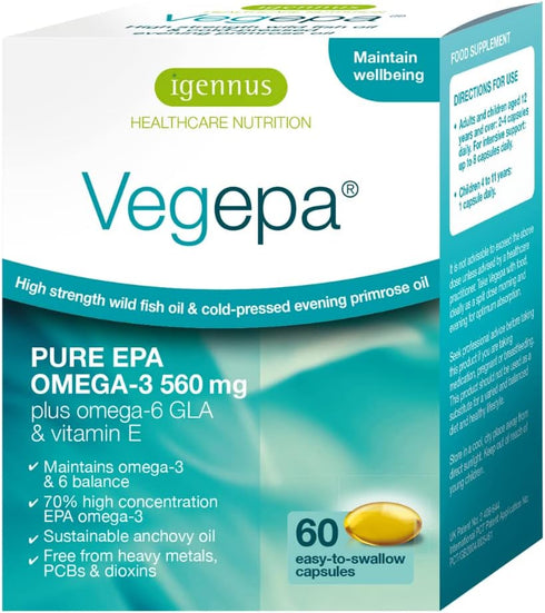 Vegepa Omega 3 Wild Fish Oil & Evening Primrose Oil Blend - 560 mg EPA Plus GLA, 60 Small Softgels