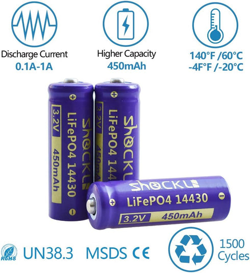 Shockli 14430 3.2V 450mAh LiFePO4 Rechargeable Solar Battery for Outdoor Garden Light, 2-Pack
