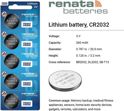Renata CR2032 Batteries - 3V Lithium Coin Cell 2032 Battery (10 Count)