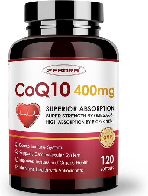 CoQ10 400mg Softgels with PQQ, BioPerine & Omega-3 - High-Absorption Antioxidant for Heart & Energy Production, 120