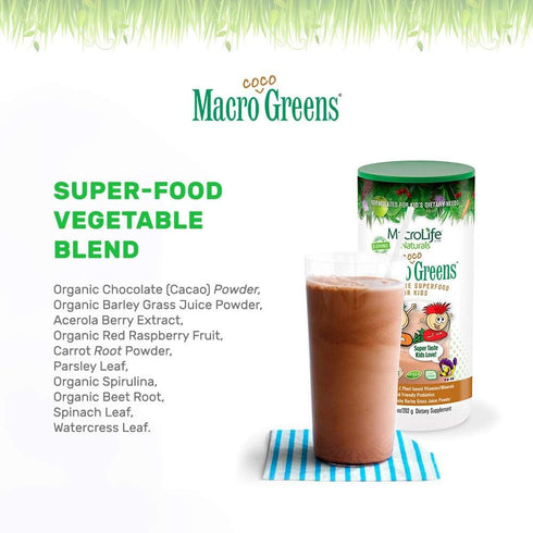 MacroLife Naturals MacroCoco Greens Chocolate Superfood Powder for Kids, 7oz (32 Servings)