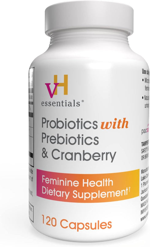 vH essentials Probiotics with Prebiotics and Cranberry, Feminine Health Supplement, 120 Capsules