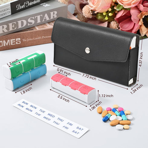 Lit-Pack 7-Day 2-3-4 (4 Weekly Pill Organizer, Medicine Box, Times Daily, Black Leather Travel Case Compartment)