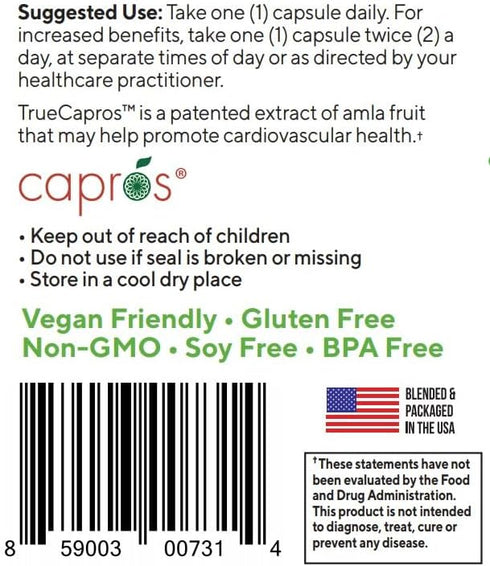 True-Capros Amla Fruit Extract Supplement, Polyphenol Antioxidant Power, 30 Veggie Capsules, Non-GMO Vegan