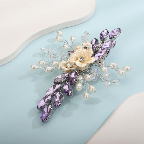 Xerling Light Purple Rhinestones Crystal Flower Hair Barrettes, Boho Bridal Hair Accessories