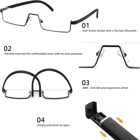 REAVEE 2 Pack Half Frame Reading Glasses for Men Women, Lightweight Portable Readers with Case, Black and Blue