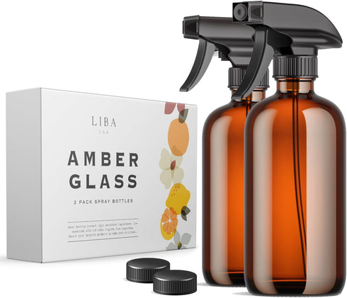 LiBa Amber Glass Spray Bottles, 2 Pack, 16 oz Refillable Empty Spray Bottle for Cleaning, Adjustable Nozzle
