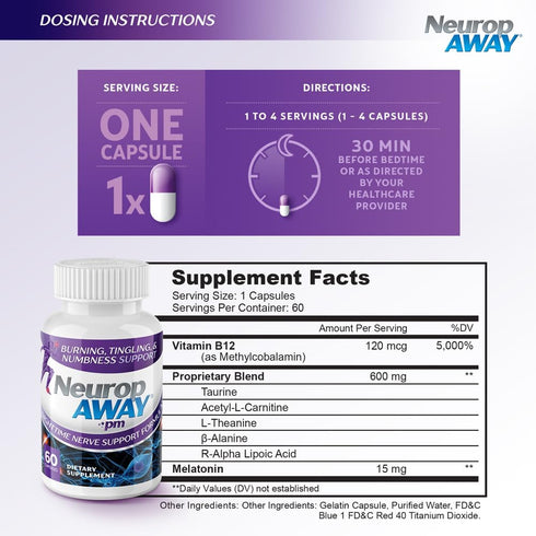 NeuropAWAY Nerve Support PM, 60 Capsules with R-Alpha Lipoic Acid for Nerve Relief