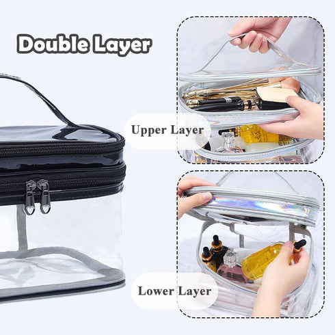 Clear Makeup Case, Transparent Double Layer Toiletry Bag, Waterproof PVC Travel Cosmetic Case for Skincare (Black)