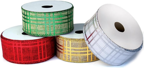 Wired Christmas Ribbon Plaid Set 2.5 Inch 4 Rolls 24 Yards for Decorating Trees, Gift Wrapping, Wreaths, Bows