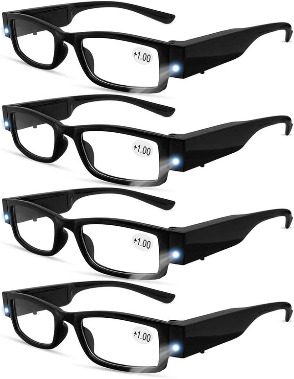 4 Pcs LED Reading Glasses with Lights, Fashion Glasses for Men and Women, Lighted Magnifier Nighttime Reader