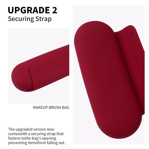 Silicone Makeup Brush Holder Travel Cosmetic Bag, Soft Portable Case with Anti-Fall Out Magnetic Closure, Red
