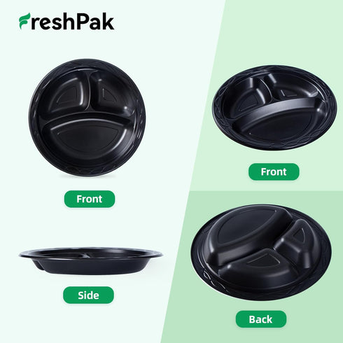 Reusable Plastic Plates, 3 Compartment Black Dinner Plates, Heavy Duty, Microwave Safe, BPA Free, Party Plates