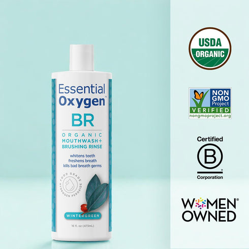 Essential Oxygen Certified BR Organic Brushing Rinse, All Natural Mouthwash for Whiter Teeth, Fresher Breath, and Happier Gums, Alcohol-Free Oral Care, Wintergreen, 16 Ounce