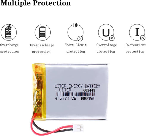 Liter Energy 3.7V Lipo Battery 1000mAh Rechargeable Lithium Polymer with JST Connector (603443)