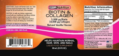 SBR Nutrition Biotin and Collagen Liquid Daily Dietary Supplement for Hair Growth, Skin Health, 2 oz (60mL)