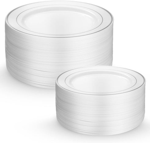 125 Piece Silver Dinnerware Party Set - 50 Silver Rim Plastic Plates, 25 Dinner Plates, 25 Dessert Plates, 25 Forks, 25