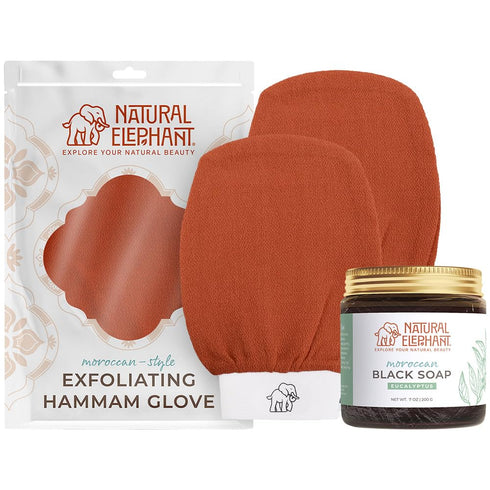 Natural Elephant Moroccan Black Soap 200g (7oz) with 2 Pack Exfoliating Hammam Glove Combo (Burnt Orange)