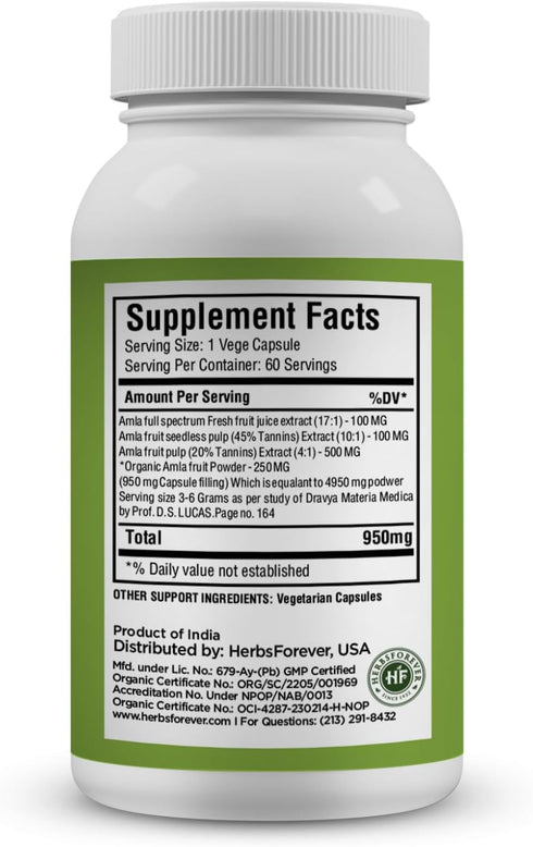 Amla Capsules – Emblica officinalis – Source of Vitamin C – Tannins 40% – 60 Vege Capsules – 950 Mg Each