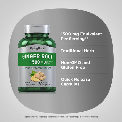 Piping Rock Ginger Root Capsules | 1500 mg | 180 Count - Non-GMO, Gluten Free Supplement