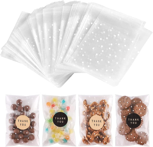 100PACK Self Adhesive Cookie Bags, Cellophane Treat Bags for Gift Giving with Stickers (White Polka Dot)