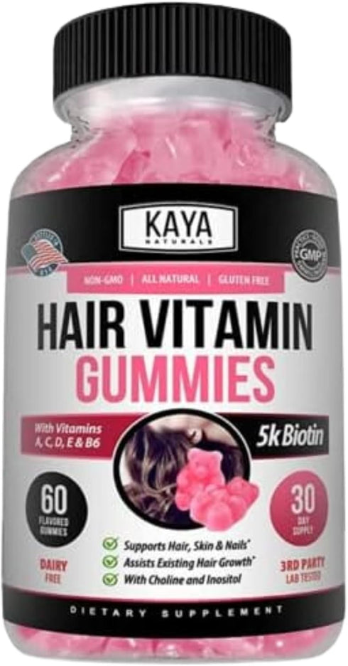 Kaya Naturals Hair Growth Gummies - Biotin 5000mcg Vitamins for Healthy Hair, Skin, Nails - 60 Count, Blueberry Flavor