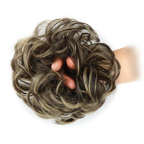 MORICA 1PCS Messy Hair Bun Extension, Curly Wavy Synthetic Chignon Hairpieces for Women (Dark Brown & Ash Blonde)