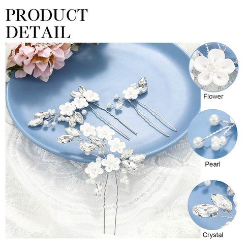 Unicra Silver Crystal Flower Bride Wedding Hair Pins, Bridal Hair Accessories for Women and Girls (Pack of 3)