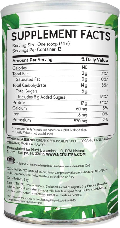 Natural Nutra Organic Vegan Plant Based Soy Protein Source Powder, Gluten Free, Non-GMO, Sugar-Free 14.4 OZ.