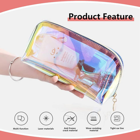 Holographic Makeup Bag Iridescent Cosmetic Pouch Clear Waterproof Portable Travel Cosmetic Pouch TPU Zippered Toiletry Organizer bag for Women 3PCS
