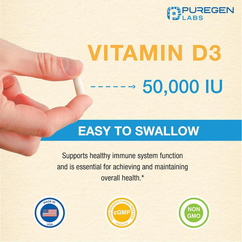 Puregen Labs Vitamin D3 50,000 IU - 100 Vegetable Capsules for Healthy Muscle Function & Immune Support, Non-GMO &