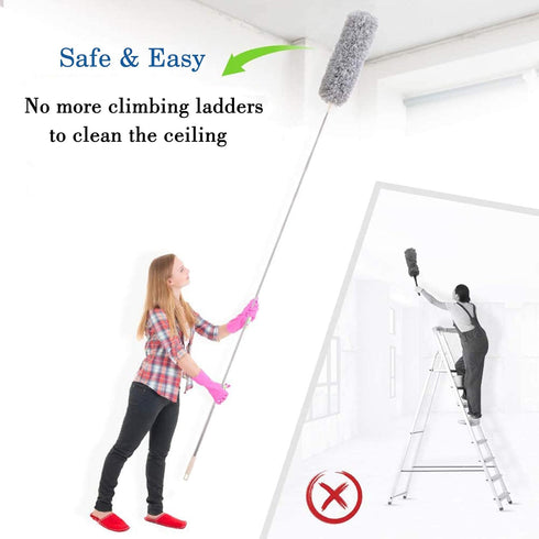 Microfiber Duster Gray with 100" Extension Pole, Telescoping Feather Dusters for Cleaning High Ceilings, Cobwebs, Fans,