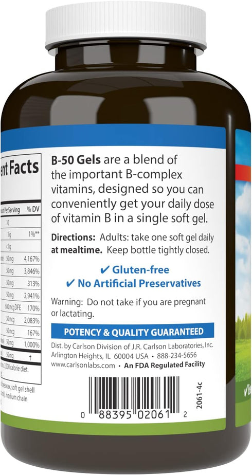 Carlson B-50 Gels, Vitamin B Complex for Energy Production, Cellular Support, Optimal Wellness, 100 Softgels