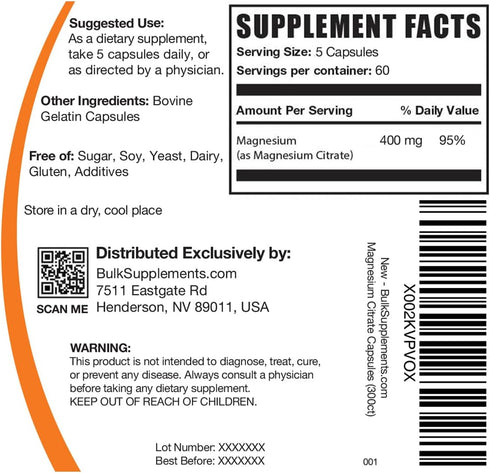 BulkSupplements.com Magnesium Citrate Capsules - 400mg Magnesium Supplement, Gluten Free - 300 Capsules (Pack of 1), 5