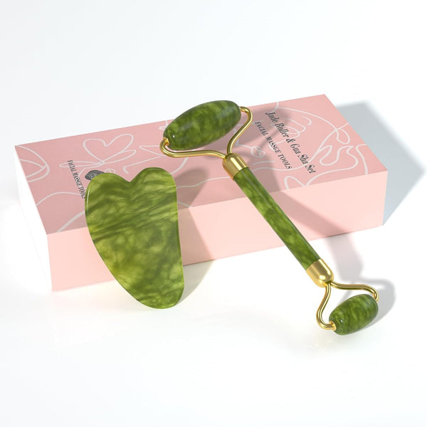 Jade Roller Gua Sha Set, Natural Facial Skin Care Beauty Tools, Face Roller Massager for Neck and Eye Treatment (Green)