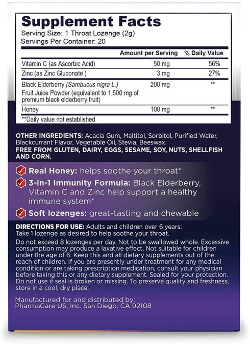 Sambucol Black Elderberry Throat Lozenge with Honey, Vitamin C & Zinc, 20 Count, 2-Pack, Soothes Sore Throat