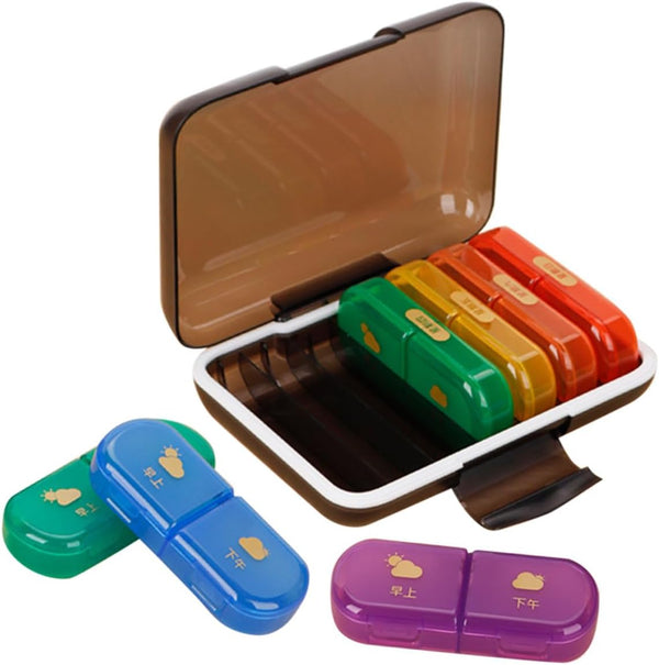 SEWCHICS Weekly Portable Pill Organizer Case with 7-Day Compartments, Rainbow Color with Black