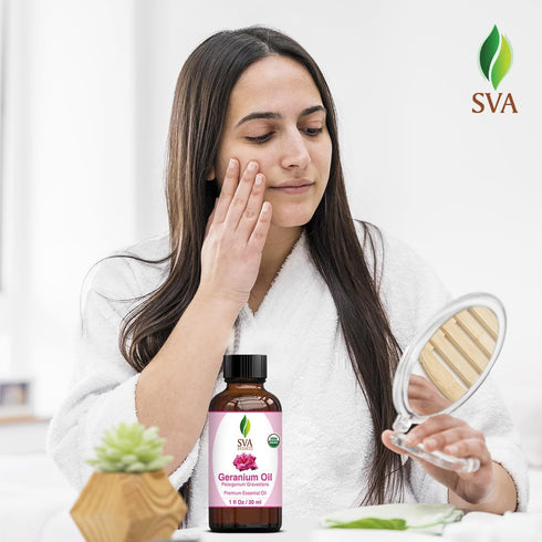 SVA Geranium Essential Oil Organic – 1 Fl Oz – 100% Natural Organic Geranium Oil for Diffuser, Hair Care, Face, Skin